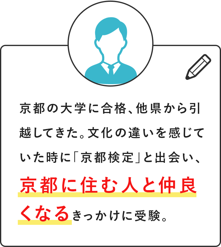 京都の大学に合格、他県から引越してきた。文化の違いを感じていた時に「京都検定」と出会い、京都に住む人と仲良くなるきっかけに受験。